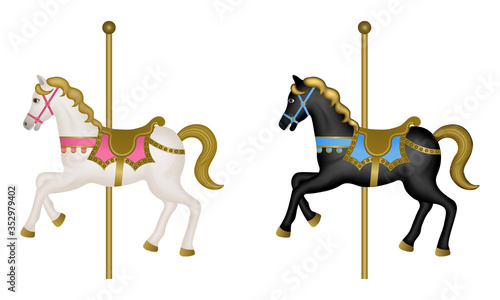 black and white isolated carousel horses