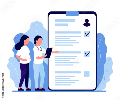 Young pregnant woman at consultation with doctor. Pregnancy monitoring, analysis, monitor health. Expectant mother, motherhood, single mother. Vector illustration flat style