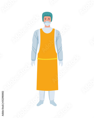 worker wearing biosafety suit yellow