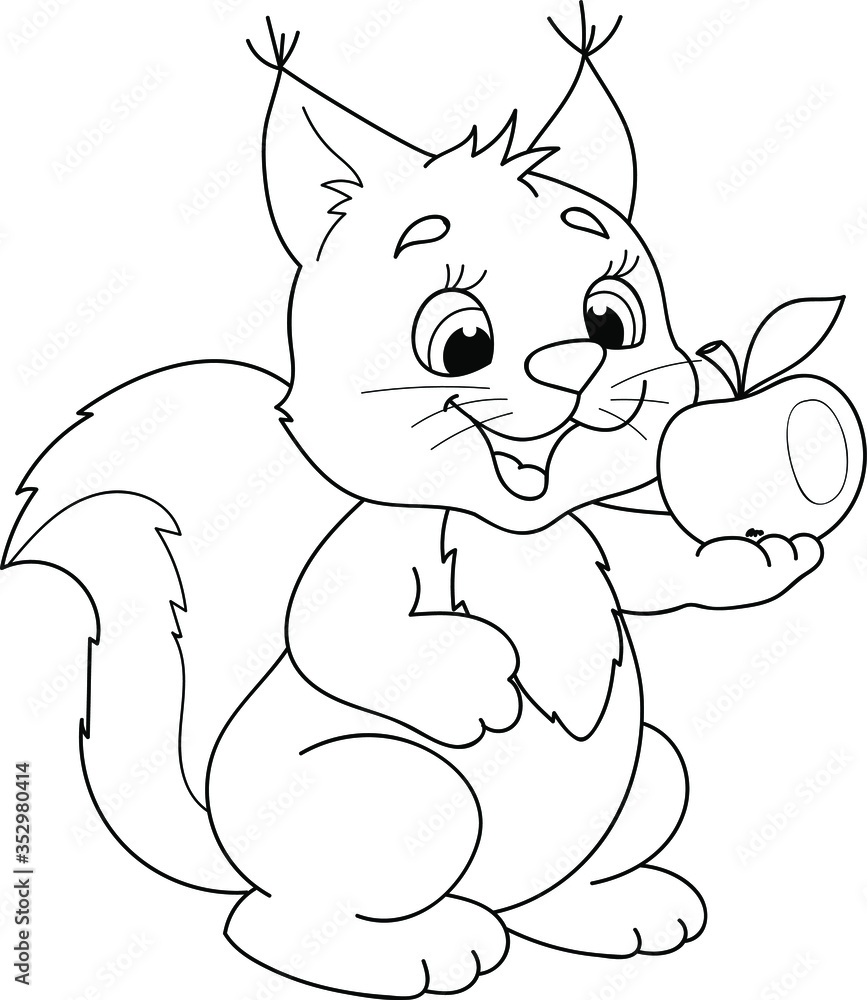 Coloring page outline of cartoon smiling cute squirrel with apple. Colorful  vector illustration, summer coloring book for kids. Stock Vector | Adobe  Stock