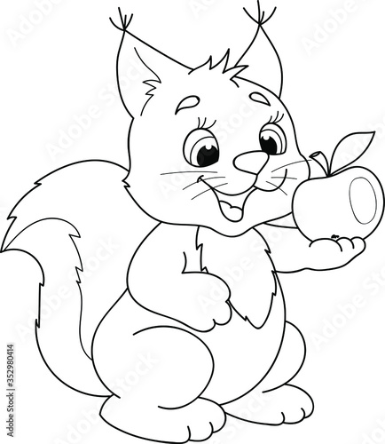 Coloring page outline of cartoon smiling cute squirrel with apple. Colorful vector illustration, summer coloring book for kids.