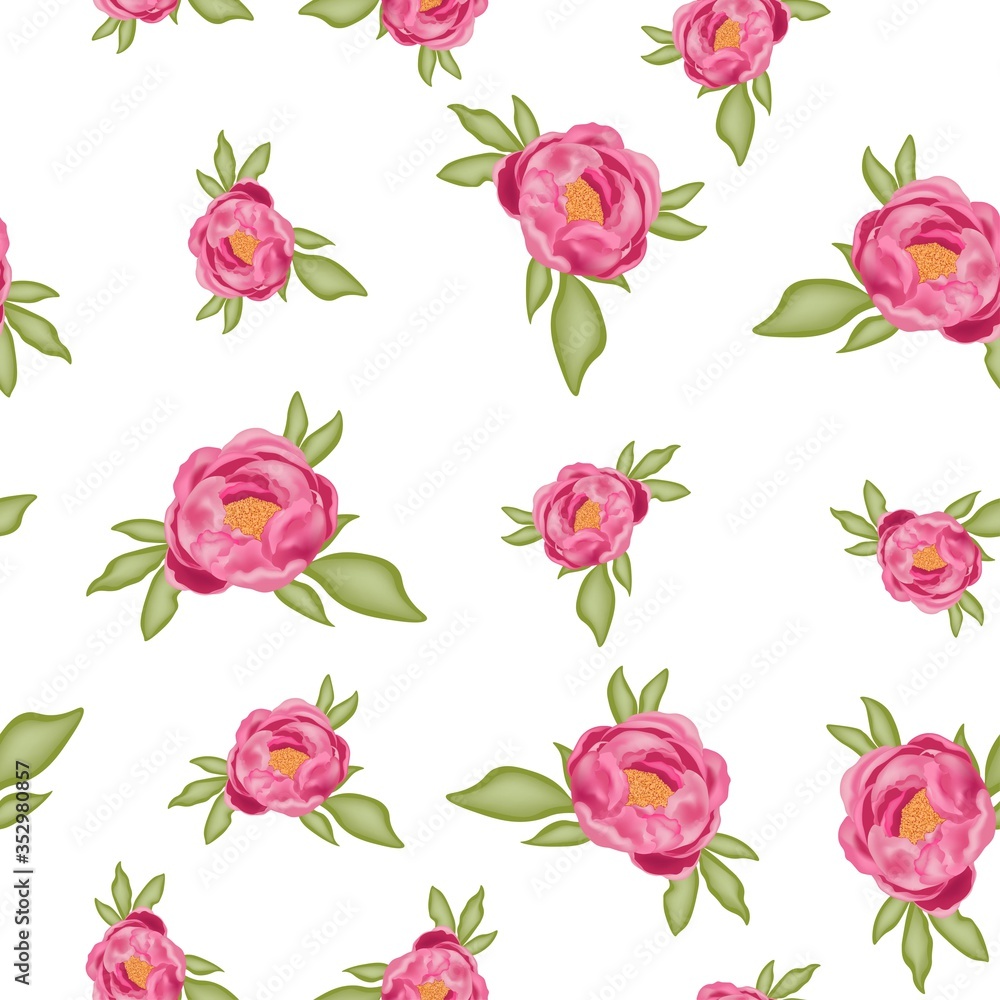 Pattern with pink peonies and green leaves isolated on a white background, stock vector illustration with 3D effect, postcard, banner, poster, fabric, packaging Pattern with pink peonies and green leaves isolated on a white background, stock vector illustration with 3D effect, postcard, banner, poster, fabric, packaging