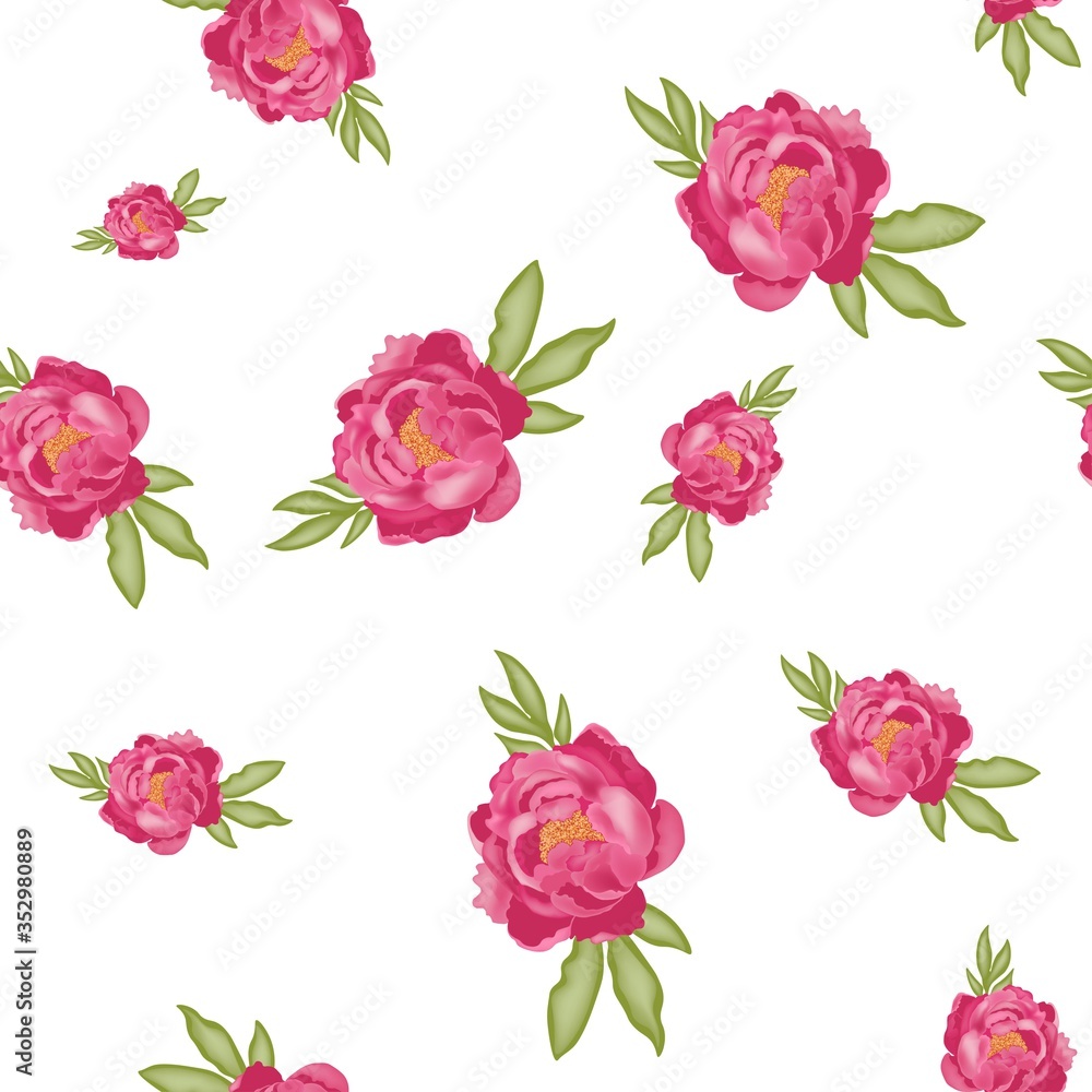 Pattern with pink peonies and green leaves isolated on a white background, stock vector illustration with 3D effect, postcard, banner, poster, fabric, packaging Pattern with pink peonies and green leaves isolated on a white background, stock vector illustration with 3D effect, postcard, banner, poster, fabric, packaging
