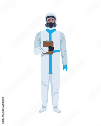 worker wearing biosafety suit white