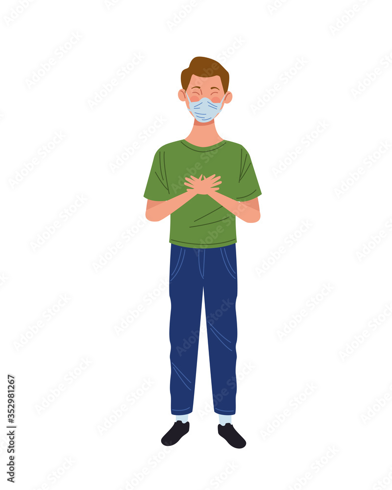 young man using medical mask character young man using medical mask character