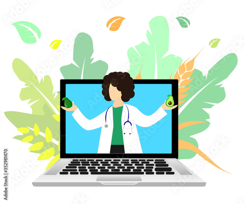 healthy lifestyle concept. Avocado in the hands of the dietitian. online diet and nutritional counseling. Flat vector for advertisement, web page design, banner.
