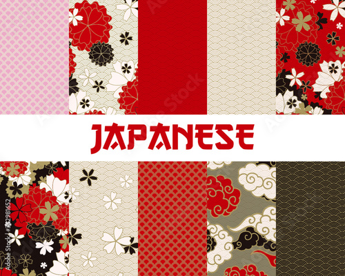 Japanese classic sakura and clouds ornaments seamless patterns for traditional tixtile fabric, asian festive design in red, black, golden with spring flowers in blossom, vector illustration set