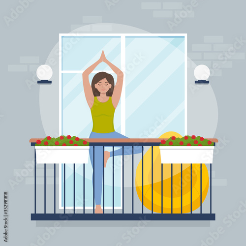 People on balcony. Coronavirus concept. Stay at home during the coronavirus epidemic. Woman doing yoga. Flat vector illustration