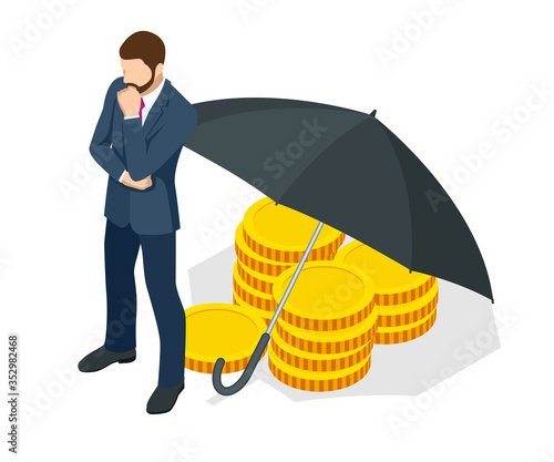 Saving and protection money deposit concept. Isometric security of money, guaranteed deposits. Client rights protection. Compensation for losses in inflation, safeguarded investment capital.