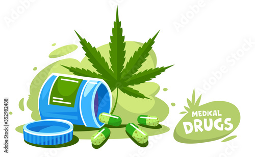 Cannabis organic medical pills falling from jar with Lid. Cartoon flat marijuana leaf plant, isolated on white background. Eps10 vector illustration.