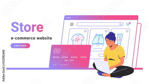 Online store e-commerce website banner. Flat line vector illustration of cute woman sitting alone in lotus pose with laptop and shopping online. Credit card and web page line icon on white background
