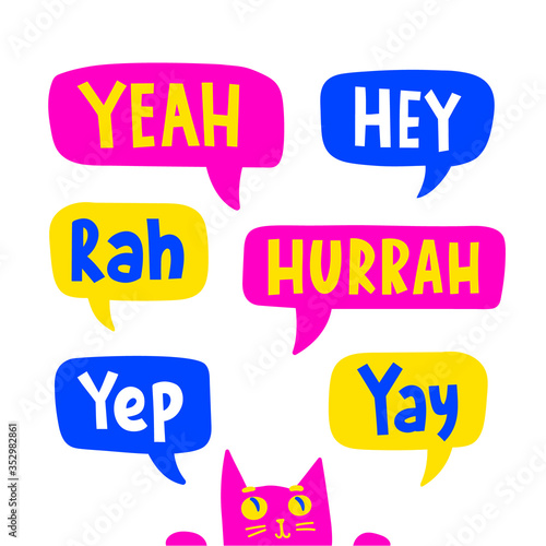 Lettering in multicolor speech bubbles set. Cartoon slang words. Message package flat hand drawn illustration. Yeah, hurrah, hey, Yep, yay phrases. Cute pink cat looks from below.