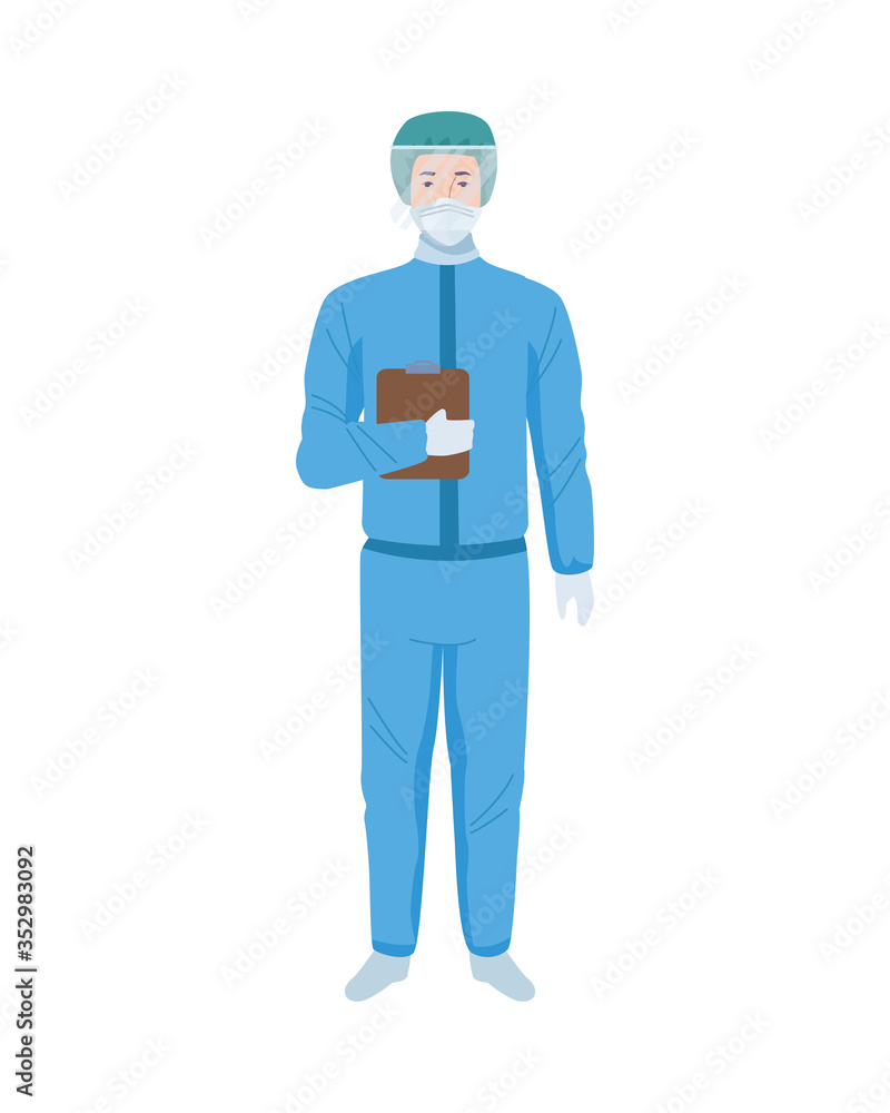 worker wearing biosafety suit blue