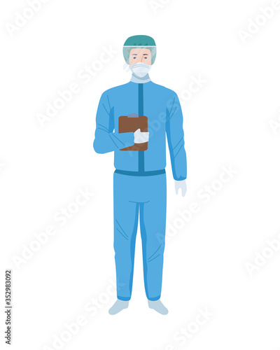 worker wearing biosafety suit blue
