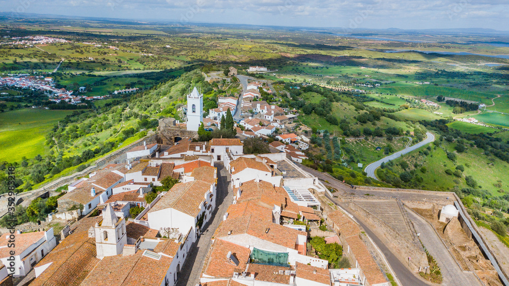 Monsaraz - Portugal. Aerial view of the medieval town of Monsaraz, on top of a hill, in Alentejo