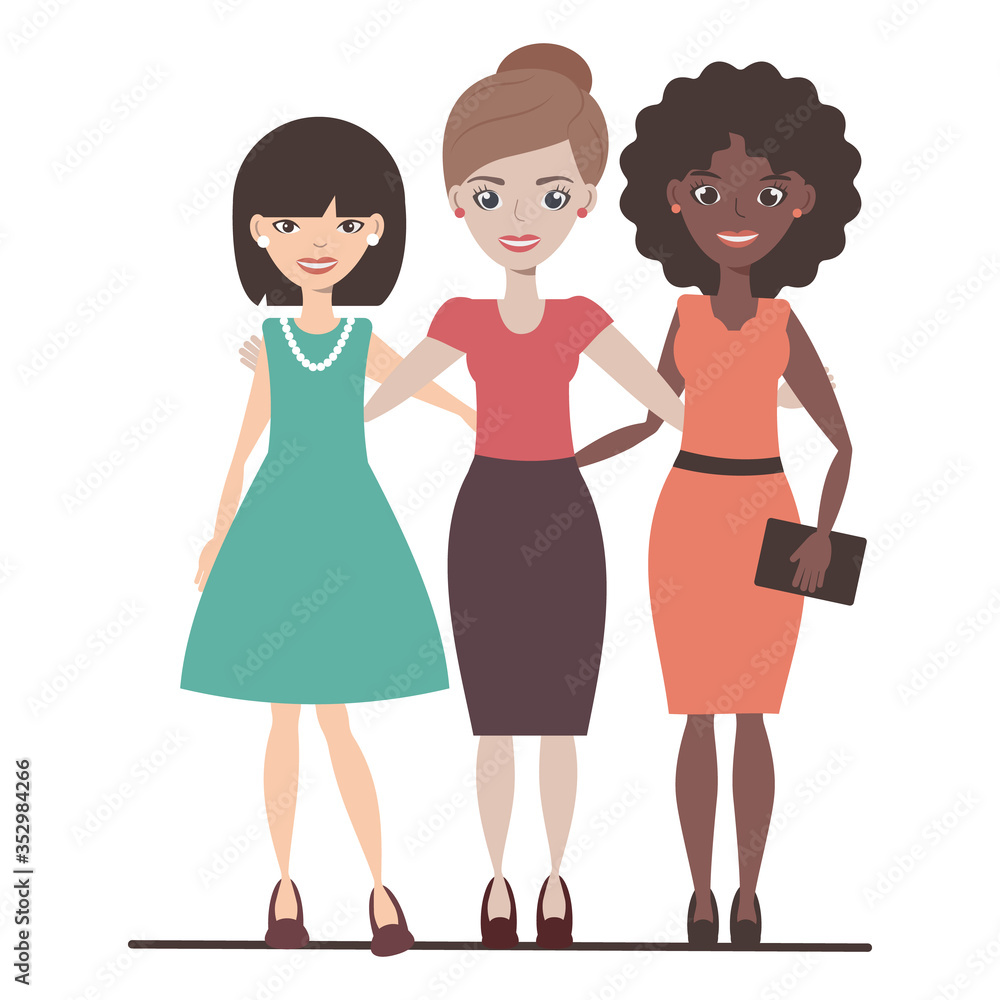 Multinational group of women. Multiracial friendship. Multi ethnic group of girls. Women friends outside. Mutual understanding. Afro American, Asian and European. Vector flat cartoon  isolated.