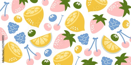 Strawberries oranges cherries blueberries blackberries on a white background. Bright illustration of summer fruits. Fruit seamless background. Set of fruits. Collection of colorful cartoon fruit icons