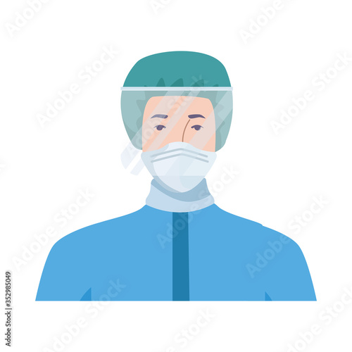 worker wearing biosafety suit blue