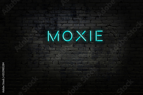 Neon sign with inscription moxie against brick wall