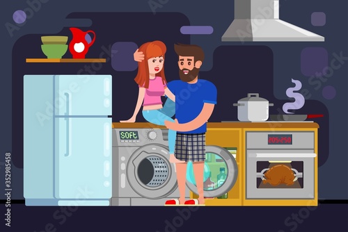 guy sexually hugs girl kitchen sex food