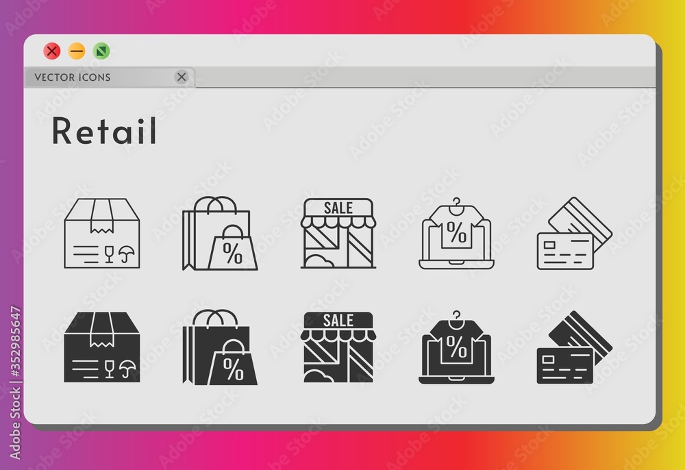 retail icon set. included shopping bag, online shop, package, shop, credit card icons on white background. linear, filled styles.