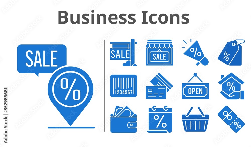 business icons set. included calendar, megaphone, shop, wallet, discount, shopping-basket, sale, mortgage, price tag, placeholder, credit card, barcode, open icons. filled styles. business icons set. included calendar, megaphone, shop, wallet, discount, shopping-basket, sale, mortgage, price tag, placeholder, credit card, barcode, open icons. filled styles.