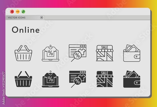 online icon set. included online shop, shop, wallet, shopping-basket, shopping basket icons on white background. linear, filled styles.