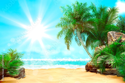 Sunny tropical Caribbean beach with palm trees and turquoise water  caribbean island vacation  hot summer day. 3D render.