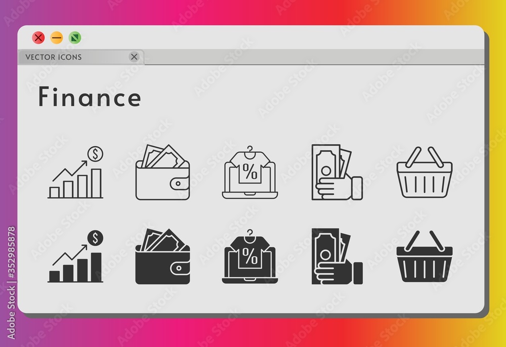 finance icon set. included profits, online shop, wallet, money, shopping-basket, shopping basket icons on white background. linear, filled styles.