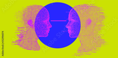 Alter ego concept, alternative self. Person and its doppelganger or twin. Vaporwave style vivid collage made in pixel art 8-bit technique.