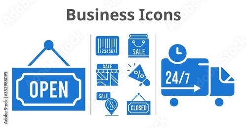 business icons set. included shopping bag, megaphone, shop, closed, placeholder, delivery truck, barcode, open icons. filled styles.