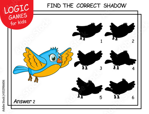 Find the correct shadow Bird. Cute cartoon Parrot. Educational matching game with cartoon character. Logic Games for Kids with answer. Learning card with task for child preschool and kindergarten