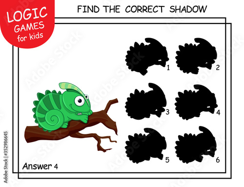 Find the correct shadow Chameleon. Cute cartoon lizard. Educational matching game with cartoon character. Logic Games for Kids with answer. Learning card with task for child preschool and kindergarten