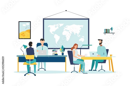 Travel agency room with people working together on white.