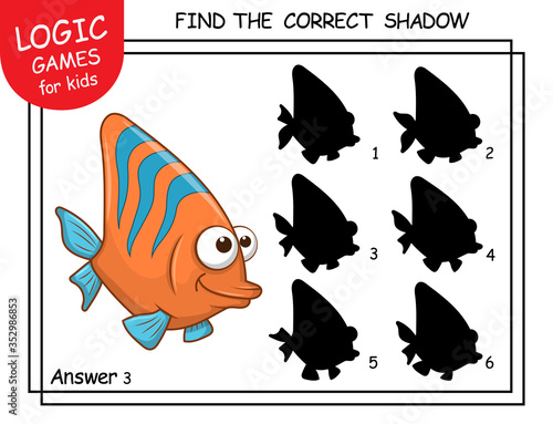 Find the correct shadow Coral Fish. Cute cartoon Fish. Educational matching game with cartoon character. Logic Games for Kids with answer. Learning card with task for child preschool and kindergarten photo