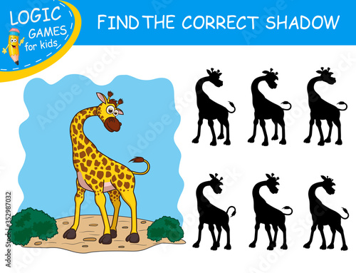 Find the correct shadow the Giraffe. Cute cartoon giraffe on colorful background. Educational matching game with fun character. Logic Games for Kids. Learnig card for child kindergarten or school.