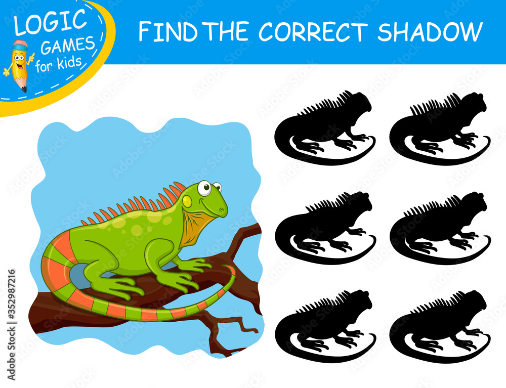 Find the correct shadow Iguana. Cute cartoon Lizard on colorful background.  Educational matching game for children with fun animal. Logic Games for  Kids. Learning card for child kindergarten or school Stock Vector |