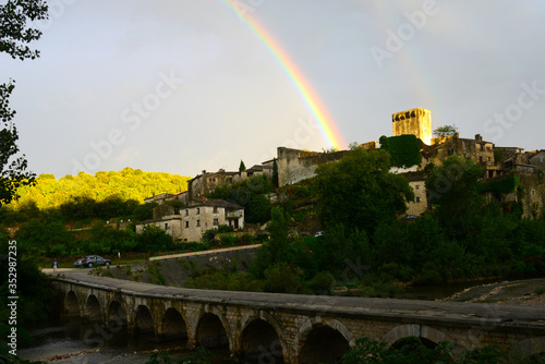 rainbow over Beautiful small village Montclus in Department Gard in Southern France