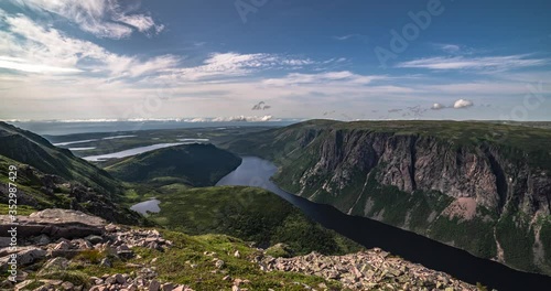 Gros Morne National Park, Newfoundland, Canada. Time lapse of ten mile pond day/evening from the top of Gros Morne Mountain. Includes 3 shots - Stationary, zoom out, and the same view 3 years earlier.