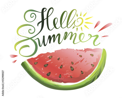 Hello summer hand drawn lettering with watermelon slice. Logo template. Vector illustration.