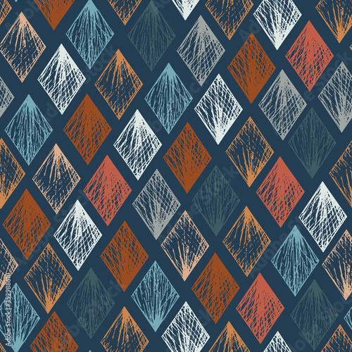 Abstract vector pastel blue and orange textured hand drawn rhombus seamless pattern. Calm colors texture with unique rhomb shapes for textile design, wrapping paper, surface, wallpaper, background