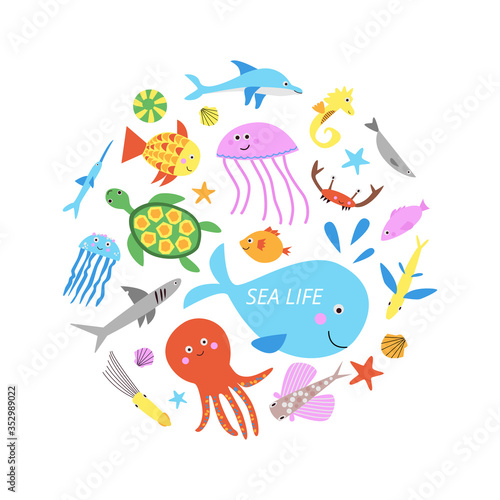 Cute sea life stickers collection vector illustration