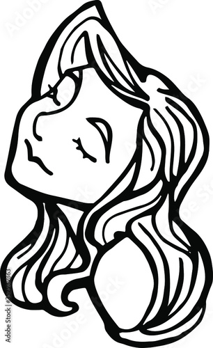Young Girl with Long Hair Sketch. Beautiful Woman Face. Female Portrait Vector Fashion and Beauty illustration. Isolated outline, line, contour.