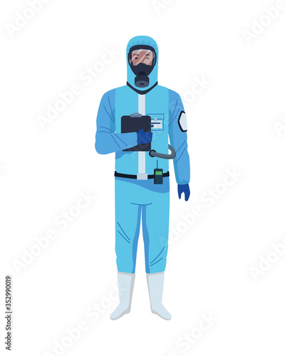 worker wearing biosafety suit blue