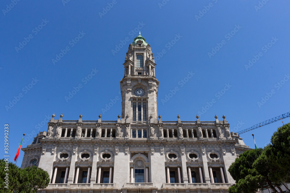 The Porto City Hall (Câmara Municipal) is perched atop the Avenida dos Aliados, or the Avenue of the Allies in Porto, Portugal.