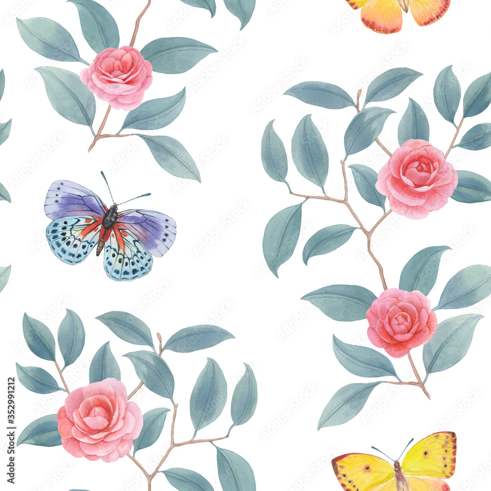 Botanical seamless pattern with flowers and butterflies on a white background. Wrapping paper for design. Watercolor pattern of roses and butterflies for print and textile wallpapers.
