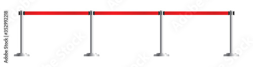 Retractable belt stanchion set. Airport fence isolated on white background. Vector portable ribbon barrier. Red striped hazard fencing tape.