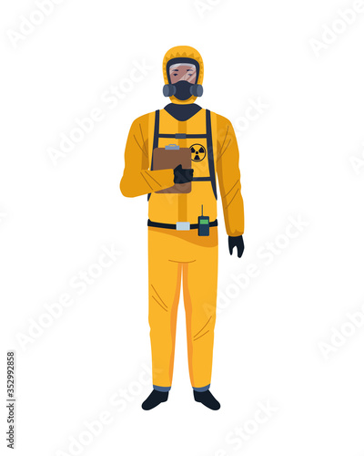 worker wearing biosafety suit yellow