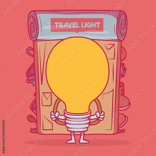 Lightbulb backpacker vector illustration. Travel, discover, outdoors design concept