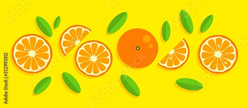Fototapeta Naklejka Na Ścianę i Meble -  Orange background. Orange tangerine grapefruit lemon lime on a yellow background. Vector illustration of summer fruits and citrus. Citrus icons and silhouettes. Cute painted oranges. Tropical fruits